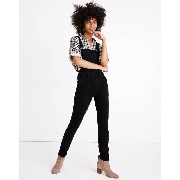 Madewell Denim - Madewell Denim Ankle Overalls Womens S Black Side Zip Patch Pockets